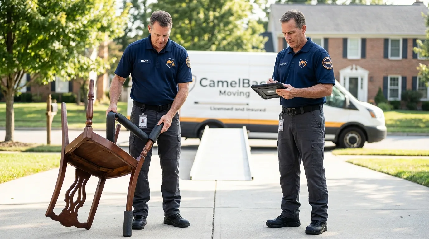 Movers inspecting furniture for damage prevention before loading in Palmetto, GA